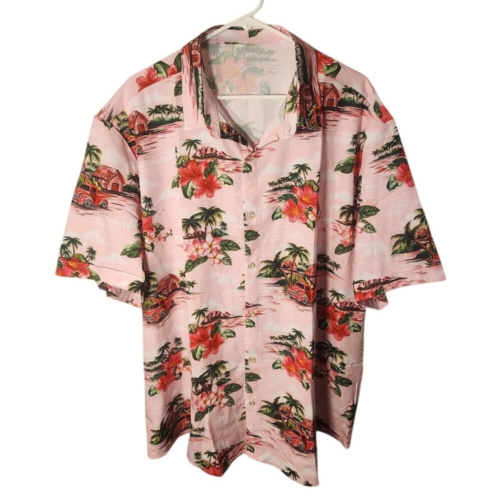 Shelucki Mens Hawaiian Shirt 3XL Big Tall Pink Tropical Red Vintage Truck